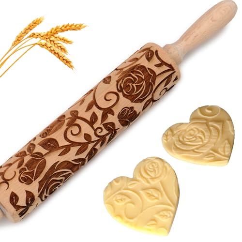 Floral Rose Embossed Rolling Pin for Baking Cookies Embossing Rolling Pins with Design Wooden Engraved Springerle Shortbread Roller Pin Flower Patterned Clay Pottery Ceramic Stamp Mold Bakers Women - color: Floral Rose