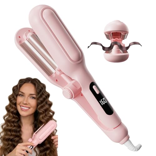 1&1.25 Inch Hair Crimper for Women - Curling Iron Waver Hair Tool to Adjustable Groove - Rizadora para Cabello - Anti-Scald Tech Hair Waver - Ionic Ceramic Coating for Long-Lasting,Fast Heating,Pink - color: Pink