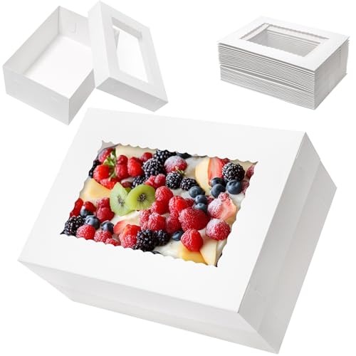 Mefleet 10pcs 14x10x6 Cake Boxes with Window Quarter Sheet Bakery Boxes