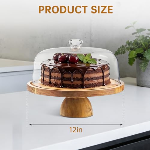 12" Acacia Wood Cake Stand with Dome Lid - 2-in-1 Reversible Dessert Tray
