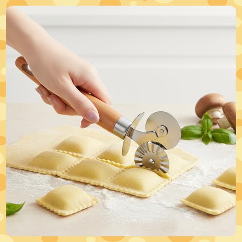 Dual Wheel Pastry Cutter, Ravioli and Pasta Wheel, Wood Handle