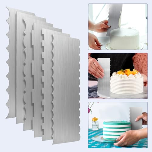 8.6 Inch Metal Cake Scraper, 6 Pack Double Sided Contour Patterned Edge Smoother, Stainless Steel Cake Decorating Comb Icing Leveler Tool for Buttercream Mousse Pastry Cake Border Decoration