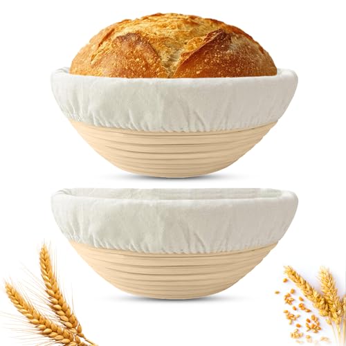 Banneton Bread Proofing Basket, 2 Pack 9-Inch Round Sourdough Proofing Baskets With Linen Liner for Bread Baking, Round Rattan Dough Rising Bowl for Homemade Artisan Loaves - style: Round Basket