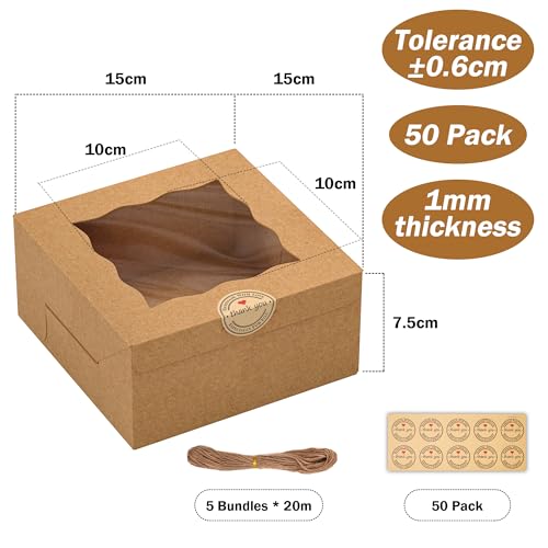 50Pcs 6x6x3 Inch Cookie Boxes with Window, Boxes for Baked Goods - size: Medium-Brown