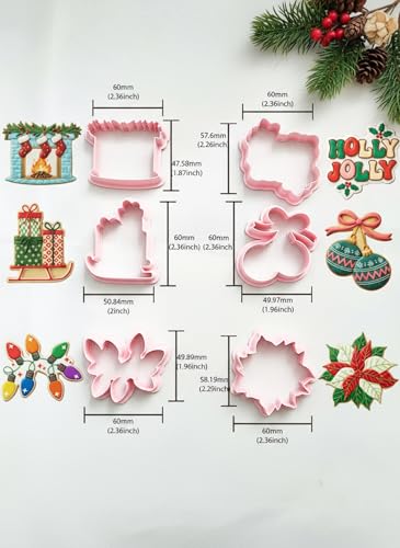 6Pcs Christmas Cookie Cutter Set - 2-3 Inch Large Size Christmas Gift Box with Sled, Holly Jolly, Fireplace, Bell, Lights & Wreath Shapes, Food Safe PLA, Kid Friendly for Winter Holiday