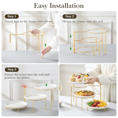 MALACASA Round 3 Tier Serving Tray, 10.25" White Porcelain Dessert Stand - color: White Gold
