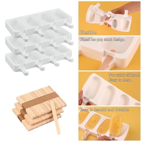 Sakolla 3 Pack Large Silicone Popsicle Molds with 150 Pcs Wooden Sticks - size: 3 Pcs Large - White (150 Sticks)