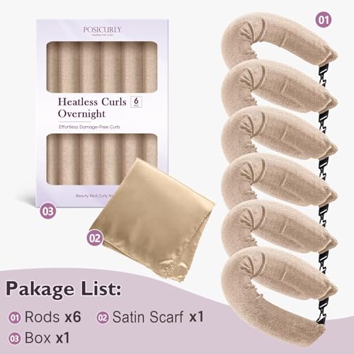 Overnight Hair Curlers Heatless Curls - 6 Pcs No Heat Blowout Curling Rods to Sleep In with Satin Hair Scarf - color: Khaki