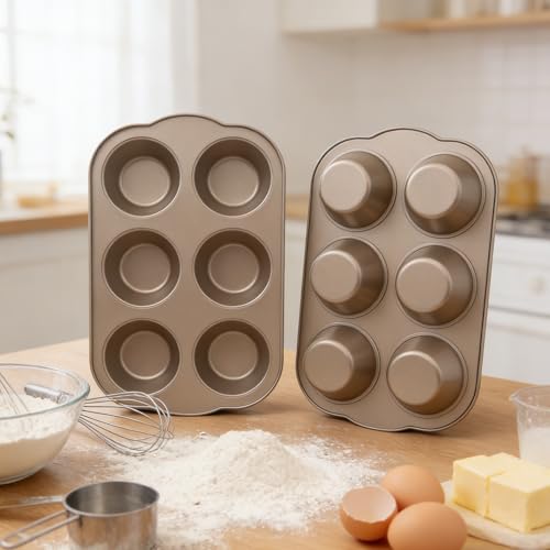 Non-Stick Jumbo 3.5" 6-Cup Muffin Pans, Set of 2(Gold) - color: Gold