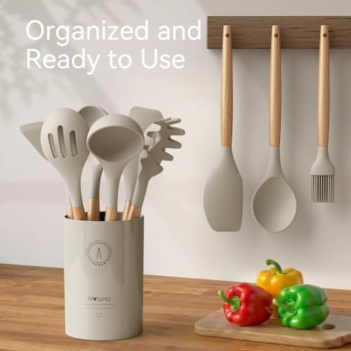 Silicone Kitchen Utensils Set, Heat-Resistant Cooking Utensils, BPA-Free - color: Khaki