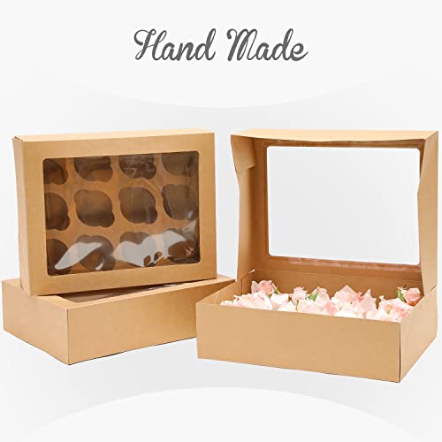 qiqee Auto-pop Up Cupcake Boxes with Window Brown 40PCS 12 Count Cupcake Box 13"x10"x3.5" Cupcakes Carrier, 12 Cupcake Containers with 2 rolls of pink ribbons - color: Brown, size: 12 Holder/40 Packs