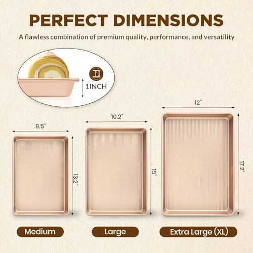 3-Piece Heavy Duty Carbon Steel Baking Sheets Set,Non-Stick Cookie - color: Champagne Gold