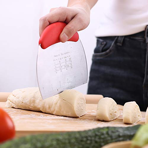 1 pcs Dough Pastry Scraper Chopper/Stainless Steel Dough Scraper Cutter with Ergonomic Rubber Non-Slip Grip/Dough Scraper Cutter/Pro Pastry Pizza Cutter Chopper (Red) - color: Red