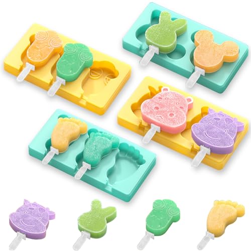 Kids Cartoon Popsicle Molds - 4 Pack, 10-Cavity Food-Grade Silicone Ice Pop Cream Molds, with Reusable Sticks, Non-Stick Flat Design, Easy Release, Stackable for Space Saving - color: Mouse + Dairy cow + Frog + Feet