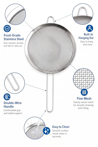 HiramWare Fine Mesh Strainer, Medium Stainless Steel Colander - size: Medium 5.51 Inch Diameter