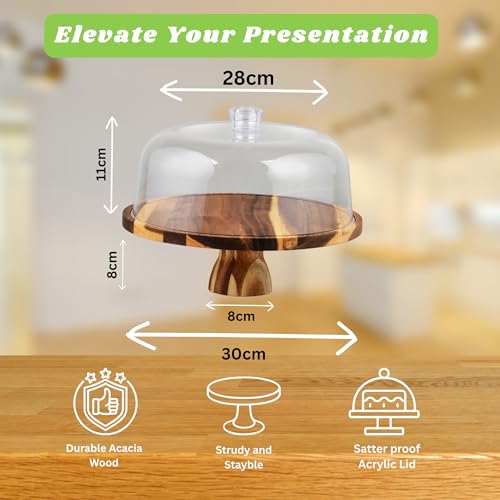 Acacia Wood Cake Stand with Acrylic Lid – 12” Round Wooden Cake Holder, 2-in-1 Serving Tray & Charcuterie Board for Cheese, Dessert, Fruit, Snacks & Party Display