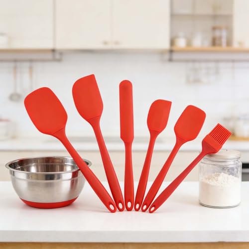 6-Pcs Rubber Spatula Set, Silicone Bowl Scraper & Flat Baking Spatula Spoon for Kitchen, Flexible Heat Resistant Cooking Utensils(Red)
