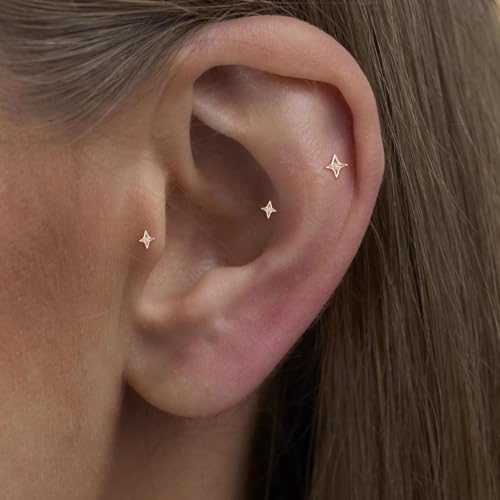 20G/18G/16G Titanium Flat Back Earrings, Threadless Nose Stud Tiny Stud Earrings, Cartilage Tragus Piercing Jewelry Conch Helix Stud - color: CZ Star (gold 3pcs), size: 20ga(0.8mm)