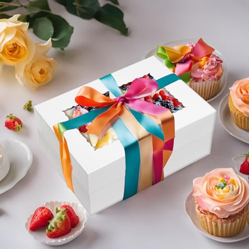 Mefleet 10pcs 14x10x6 Cake Boxes with Window Quarter Sheet Bakery Boxes