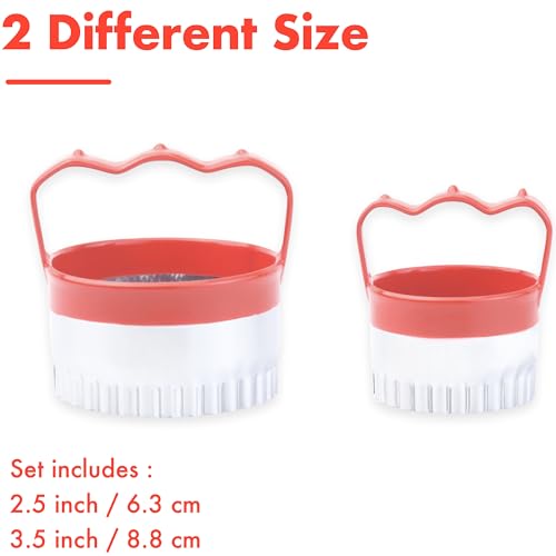 2 Pcs Fluted Round Cookie Cutters with Handle 2.5" 3.5", Scalloped Biscuit Cookie Cutter Set with Comfortable Red Silicone Handles, Durable Stainless Steel, 2-Inch Deep Cutters