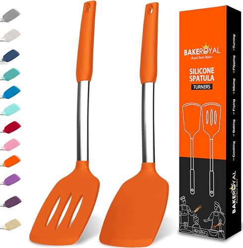 BakeRoyal Silicone Spatula Set - Turner Spatulas Silicone Heat Resistant 600°F - Slotted & Solid Silicone Spatulas for Cooking Fish, Eggs, Pancakes Flipper – Silicone Cooking Utensils Set – Orange - color: Orange
