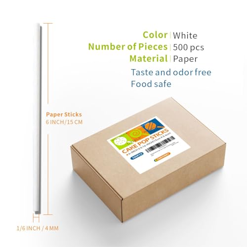500 Count 6 INCH White Paper Lollipop Sticks,Cake Pop Sticks,Sucker Sticks for Cookies,Rainbow Candy,Chocolate,Cake Topper(Dia 4mm) - size: 6 Inch (Pack of 500)