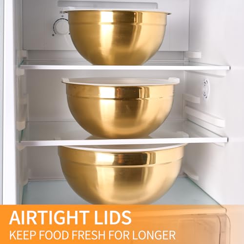 Gold Mixing Bowls with Airtight Lids, Stainless Steel Nesting Mixing Bowls Set of 5, Ideal for Baking, Prepping and Serving Food, Size 5.5, 3.6, 2.7, 2.1, 1.5, QT, Stackable Design - color: Gold, size: 5 Pieces