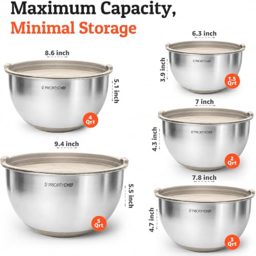 Priority Chef Premium Mixing Bowls With Lids Set, Airtight Lids, Thicker Stainless Steel, Non-Slip Base, 5 Nesting Steel Bowls for Kitchen, Large Prep Metal Bowl Set 1.5/2/3/4/5 Qt, Latte - color: Latte