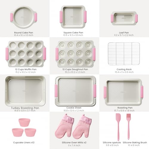 Kikcoin 25-Piece Nonstick Baking Pans Set with Large Turkey Roasting Pan, Stackable Bakeware Set, 450°F Oven Safe Baking Sheet Set with Silicone Handles, Carbon Steel Cookie Sheets for Baking, Pink - color: Pink