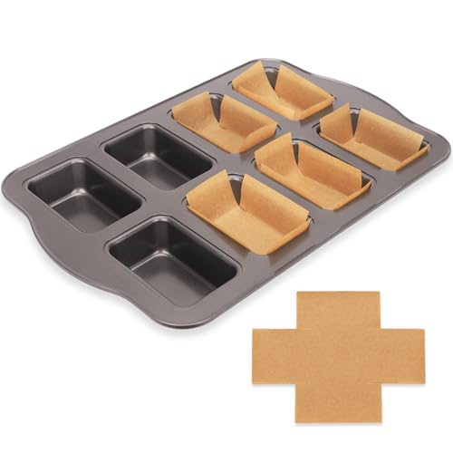 Mini Loaf Baking Pans Set 8-Cavity with 200 PCS Parchment Liners, Nonstick Bakeware Rectangle Bread Pan, Heavy Duty Banana Bread Pan, Grey - size: 14x9.39x1.3 Inch