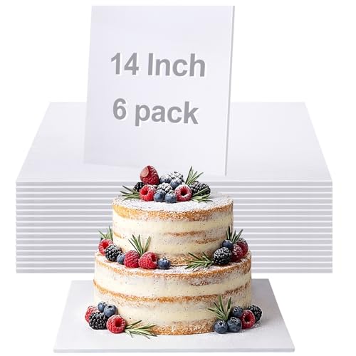 MotiMind 6 Pack 14 Inch Square Cake Drums White Cake Boards Cardboard Drum Foil Wrapped Pastry Board Support for Displaying Pastries Desserts Cupcake