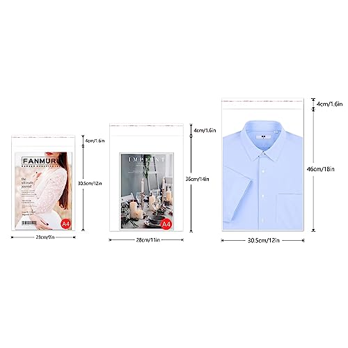 12x18 Self Seal Cello Cellophane Bags 200pcs Clear Poly Bags - Self Adhesive Plastic Apparel Bags for Clothing T Shirts Pants Sweater Gifts - size: 12x18"