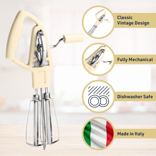 Rotary Egg Beater Manual Hand Crank Mixer - Stainless Steel Hand Mixer with Double Rotating Heads for Beating, Blending, and Whipping - Dishwasher Safe Kitchen Gadgets by Kings County Tools (Cream) - color: Cream White