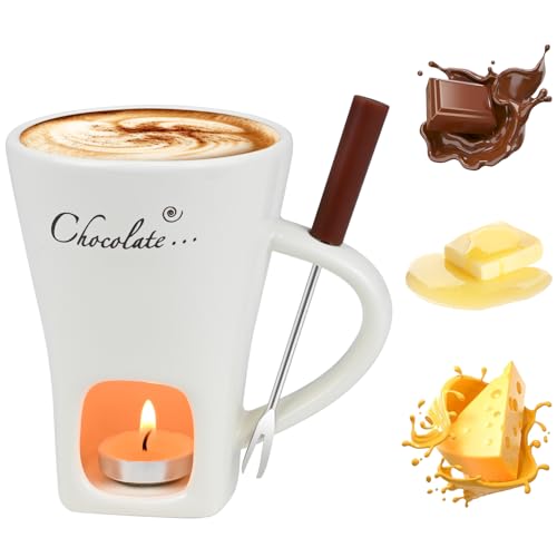 Sweet Fondue Cup Set, Chocolate Fondue Mug with 1 Fork and 4 Candles, Personal Ceramic Chocolate Melting Cup, Chocolate Fondue Cup, Ideal Gifts for Date Night, Birthday, Wedding (White) - color: White