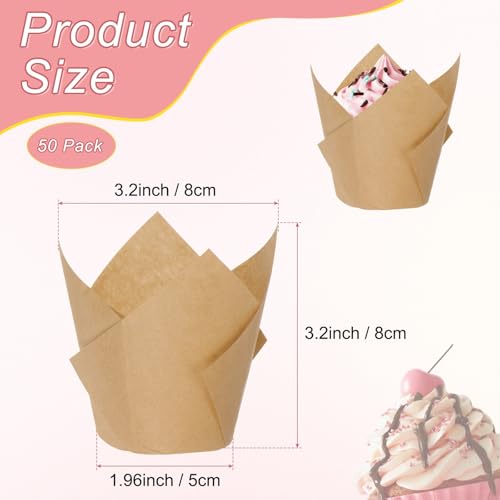 M METERXITY 50-Pack Tulip Cupcake Liners, Standard Size Heat-Resistant Greaseproof Paper Baking Cups for Wedding/Birthday Party/Christmas, Cupcake Wrapper[Mocha] - color: Mocha