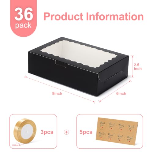 36 Pack Cookie Boxes with Window, 9x6x2.5 Inch Black Bakery Boxes - color: black, size: 9x6x2.5 in