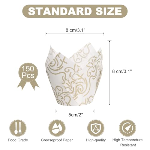uxcell 150 Pcs Tulip Baking Cups Cupcake Muffins Liners Paper Greaseproof Wrappers for Wedding Birthday Party Festivals Christmas, (Gold Clouds, White) - color: White