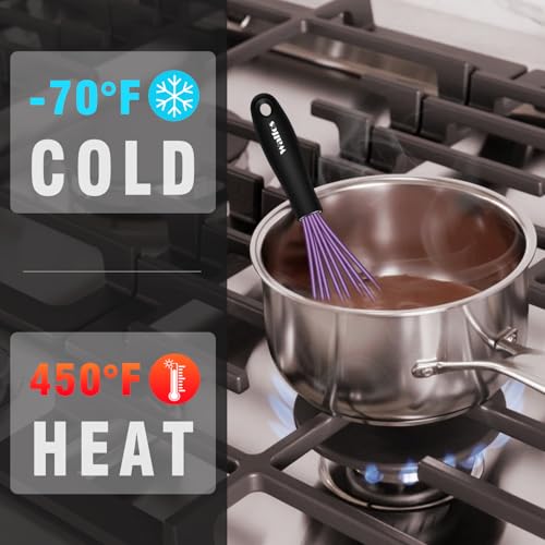Walfos Whisk,5+7Inch Mini Whisks,Silicone Non Scratch whisk,Heat Resistant(480°F) Small whisks Suitable for stirring individual eggs and mixing small amounts of powder and sauce. Purple & Green - color: 2pcs Purple+ Green; 5+7in