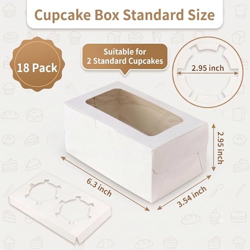 18-Pack 2-Cupcake Boxes with Clear Window, 6.3 x 3.54 x 2.95 Inch