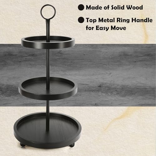 SYNCVIBE Wooden Farmhouse Round Black 3 Tiered Decorative Tray Stand - color: black
