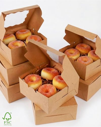 qiqee Kraft Cookie Boxes with Window 60packs 6x6x3 Brown Bakery Box Kraft Paper Boxes for Cookie, Pastry, Cupcake, Pie, Donut - color: Brown, size: 6x6x3"/60packs