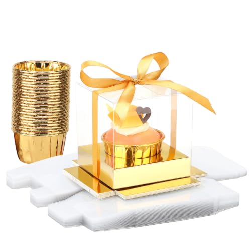 EUSOAR Cupcake Boxes with Gold Cupcake Liners, 24pcs 3.5 Inch Individual Cupcakes Containers and 50pcs 3.5oz Baking Cup, Disposable Dessert Pastry Cupcakes Holder for Wedding Party Favor Bakery - color: Gold