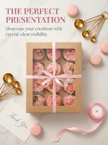 qiqee Auto-pop Up Cupcake Boxes with Window Brown 40PCS 12 Count Cupcake Box 13"x10"x3.5" Cupcakes Carrier, 12 Cupcake Containers with 2 rolls of pink ribbons - color: Brown, size: 12 Holder/40 Packs