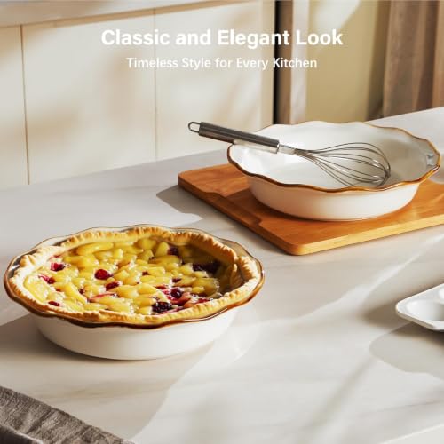 9 Inch Ceramic Pie Pan, Fluted Baking Dish with Brown Glaze Rim, Oven Safe - color: Creamy White, size: 9 inch