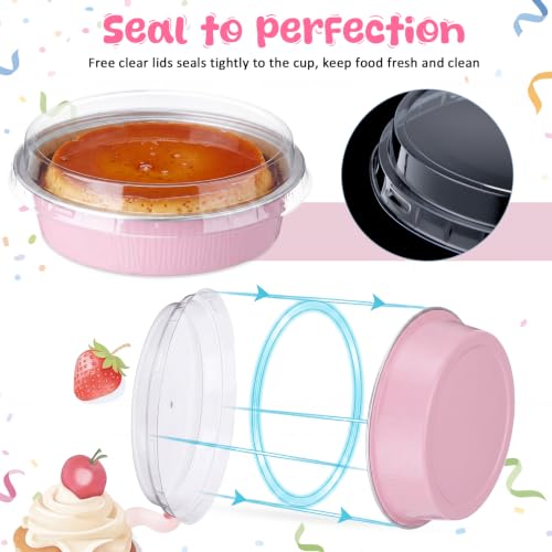 Yinder 120 Pcs 8 oz Disposable Creme Brulee Ramekins with Lids, 4 Inch Mini Pie Tins Aluminum Foil Pie Tart Cake Baking Pans Individual Round Containers Oven Safe (Light Pink) - color: Light Pink