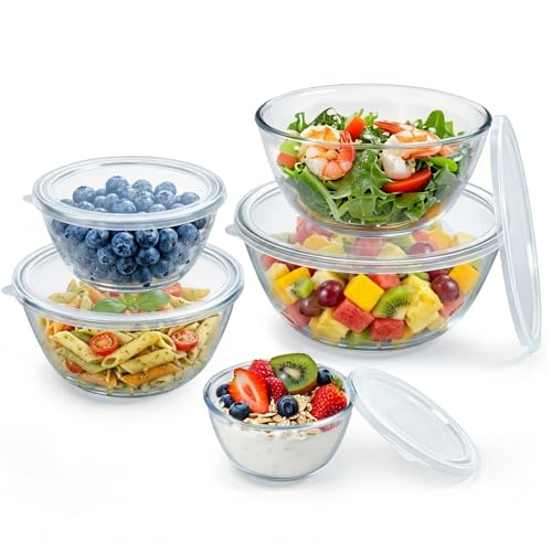 Glass Mixing Bowls with Lids Set of 5(4.7QT, 2.9QT, 2.2QT, 1.1QT, 0.53QT), Thick Glass Large Salad Bowls, Space-Saving Nesting Bowls for Kitchen Baking, Prepping, Cooking, Dishwasher, Microwave Safe