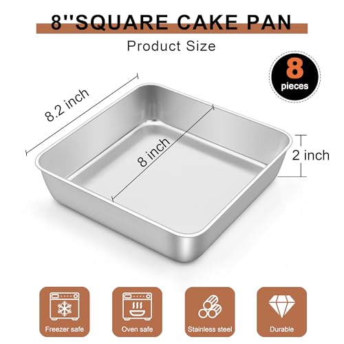 LIANYU 8 Pack 8 x 8 Inch Square Baking Cake Pan, Stainless Steel Brownie Bread Cake Molds, Square Bakeware for Lasagna Pie, Oven & Dishwasher Safe - size: 8'' x 8''