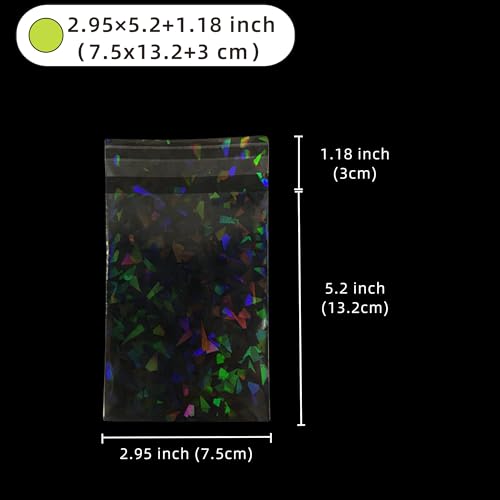 PABCK 100 Pcs Self Adhesive Holographic Cellophane Bags 2.95x5.2+1.18 inch - size: 2.95x5.2+1.18 inch
