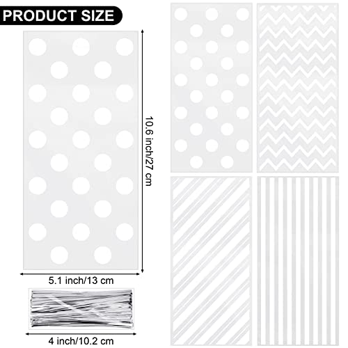 Aodaer 100 Pieces 10.6 x 5.1 In White Cellophane Bags Plastic Candy Gift Bag Cellophane Treat Bags with Twist Ties Stripes Polka Dot Printed Pattern Goodie Bag for Birthday Weddings Party Favors - color: White