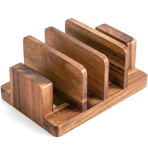 Acacia Wood Cutting Board Holder, 4-Slot Cutting Boards Organizer Storage Rack for Countertop, Wooden Stand for Cutting Boards, Pots, Pans, Lids & Trays | Ideal Housewarming Gift